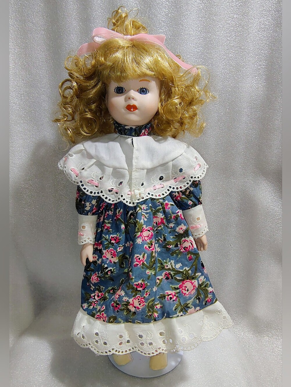 Vintage 16” Porcelain Doll Blonde Curls Blue Floral Dress Lace Stand